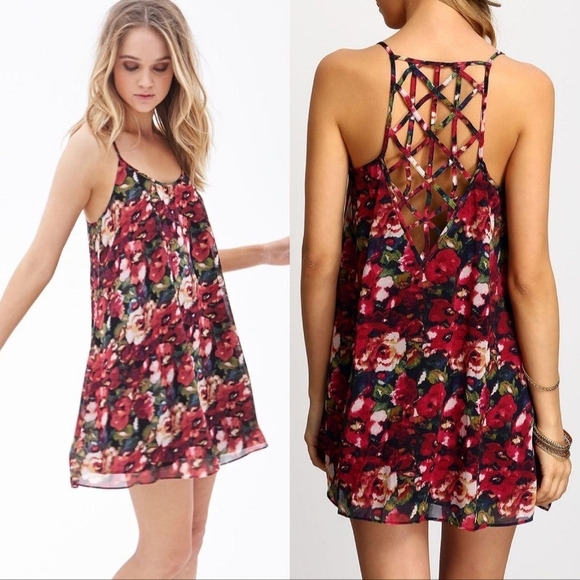 Forever 21 Dresses & Skirts - Forever21 openback lattice strappy back camisole floral roses chiffon dress Sz M